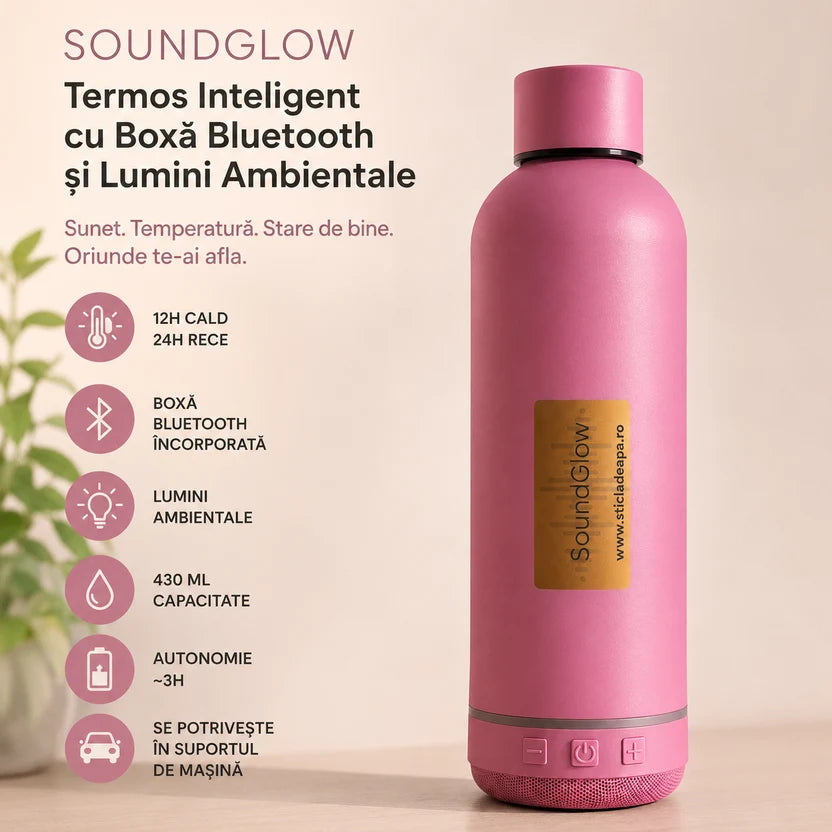 Termos cu boxa Bluetooth, 430 ml, otel inoxidabil, Roz